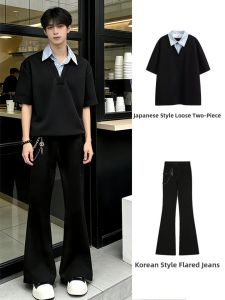 ZHUOCAN | Stylish Faux Two-Layer Outfit Black Summer V-Neck Short Sleeve
