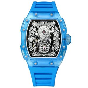 AILANG | AILANG Mens Luxury Skeleton Automatic Watch Hollow Tonneau Mechanical Sport Design Silicone Wristwatch