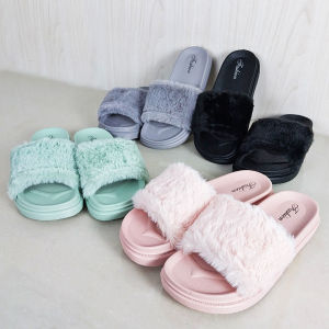 Sandal Wanita Selop Bulu Flat Korea Fashion Kasut Cewek Rumah Jalan Slip On Trendy Empuk COD SPT-52
