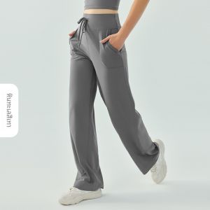 กางเกงโยคะทรงหลวมเอวสูงสำหรับผู้หญิง กางเกงวิ่งออกกำลังกายแบบสวมหัว ดูดซับเหงื่อได้เร็ว ระบายอากาศได้ดี ยืดหยุ่นสูง กางเกงขายาวลำลอง