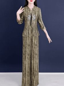 New 2025 Chinese Style Wide Leg Pants Slimming Set plus Size Fashionable Two Piece Suit Covering Meat for Slimming Effect