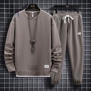 ROMON | Lormen Mens Casual Round Neck Two-Piece Set Spring Autumn New Style Sweatshirt Long Sleeve Polyester Fiber Youth Outfit