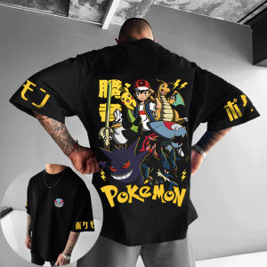 Bandai | Mens T Shirt Mens Sports T Shirt Anime Pokemon Ash Pikachu Charizard and Gengar Group Black and Yellow Back Print Design