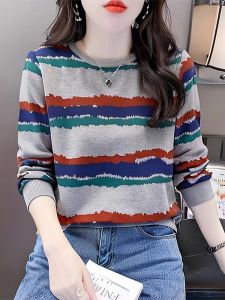 New Womens Sweatshirt 2025 Autumn Loose Striped Casual round Neck Spring Autumn Style Outerwear Comfortable Cotton Blend