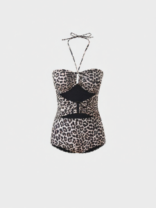 Mybody | Halter Neck Cut-out Ruched Leopard Print One-piece Swimsuit