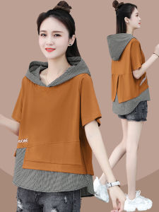 Fashionable Pure Cotton Hoodie Short Sleeve T-Shirt Womens Summer New Korean Loose Large Size Mock Two-Piece Top Shirt