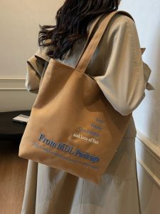 Thickened Wear-resistant Canvas Tote Bag Embroidered English Letter Casual Womens Bag Soft Shoulder Strap Zipper Closure