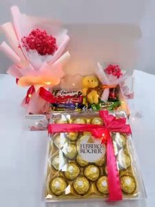 Set Coklat Hadiah Kombo dengan Jambangan Bunga Kering Bunga Ros Combo Gift Set with Bouquet Chocolate Gift Box