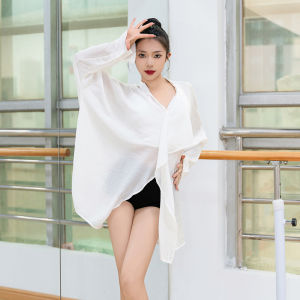 Womens Latin Dance Practice Uniform Long Sleeve V-Neck Loose Slimming Overhead Shirt Training Fitness Sportswear Top