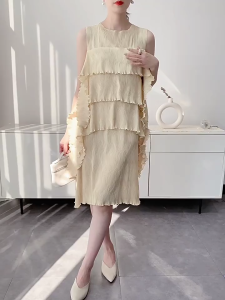 Đầm Miyake ly sóng dáng midi thiết kế phối vạt cách điệu các đường dập ly thanh lịch cao cấp - 55Kg.Linh