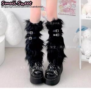 Gothic Lolita Jk Stockings Women Y2k Girls Subculture Winter Leg Warmers Leather Button Calf fluffy socks Furry Leg warmer