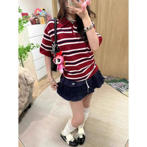 SHUQINGLAI | Retro Stripe Polo Neck Knit T-shirt Ice Silk