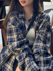 Áo Sơ Mi Kẻ Caro Phong Cách Mỹ Rộng Rãi Cho Nữ Áo Khoác Ngoài Đa Năng Thường Ngày Mùa Xuân Thu Cổ Polo Tay Dài