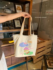 Large Capacity Cartoon Printed Canvas Bag with Drawstring for Commuting And Class Korean Style Double Shoulder Strap Tote Bag