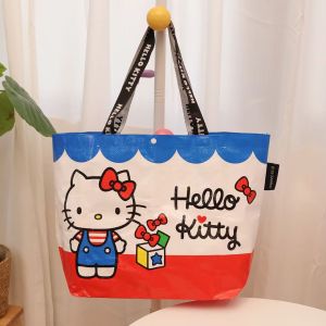 Takara Tomy | Anime Hello Kitty Woven Shopping Bags Folding Portable Shopping Bag KT Cat Cartoon Foldable Portable Outdoor Shoulder Bag Gifts