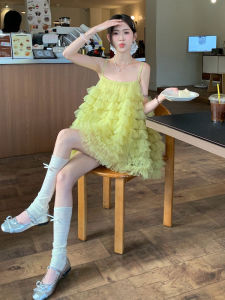 CHANGTONG | Beach Vacation Style Mesh Cake Tutu Dress French Charming Unique Spaghetti Strap Dress