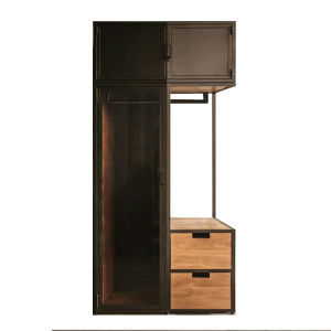 Industrial Style Loft Wardrobe Solid Wood Veneer Adult Cabinet with Iron Art Metal Storage Ideal for Coats Shoes Hats