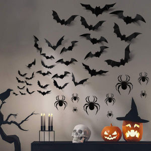 Miếng Dán Tường Hình Dơi PVC Đen 3D Chủ Đề Halloween Đạo Cụ Trang Trí Tiệc Đáng Sợ Tự Làm Trang Trí Nhà Quán Bar Phòng Cho Đêm Halloween Ma Quái
