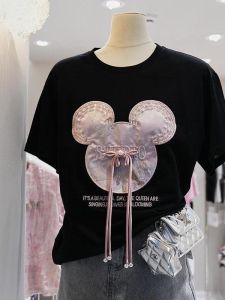 เสื้อยืดแขนสั้นผู้หญิง ผ้าฝ้ายแท้ รุ่นใหม่ ฤดูร้อน 2025 ทรงหลวม ลายผีเสื้อประดับเพชร ทรงหลวม แขนสั้น คอตั้ง ทรงหลวม