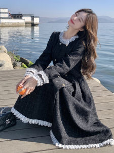 French Lace Splicing Chic Wind Dress Women Early Spring Autumn New Korean Style Gentle Wind High-End Long Dress A-Line Skirt