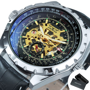 JARAGAR | JARAGAR Business Skeleton Mechanical Watch for Men Luminous Hands Steel Leather Strap Fashion Mens Watches Top Brand Wristwatche
