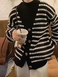 Korean Black White Stripes Sweater Long Sleeve V Neck Knitted Top Cardigan for Women