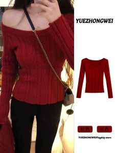 Red Knitted Shoulder Bared Twist Sweater Womens Slim Fit Autumn Winter Fashion Christmas New Years Day Casual Office Style