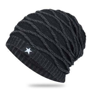 Mens Winter Knitted Fleece Lined Hat Warm Ear Protection Cuffed Bike Riding Cap Casual Style No Brim round Top Knit Hat