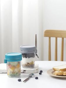 Tempat Sarapan Gelas Kaca 350Ml Dengan Sendok Stainless Gagang Kayu Breakfast Cup