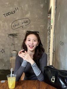 Sweet Spicy Girl Deep Grey Slim Fit Patchwork Knitted Long Sleeve T-Shirt Womens New Style Slimming Inner Wear Overhead Top