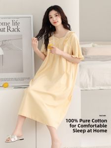 MiiOW | Cat Lady Summer Sleep Dress Thin Pure Cotton Short Sleeve Midi Dress Fresh Princess Style Womens Nightgown Home Clothes