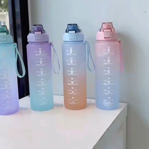 1L Gradient Drinking Bottle with Straw Botol Air BPA free大容量 变色水壶 Large Capacity Water Bottle With Time Mark Scale
