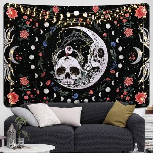 VIKAMA Dark Skeleton Moon Phong Cách Gothic Tấm Thảm Nghệ Thuật Màu Đen Trang Trí Tường Phòng Ngủ Retro Bohemian Vải Polyester Cho Phòng Ký Túc Xá Không Gian Sống