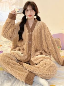 Capibara Girls Sleepwear Set Thickened Coral Fleece Open Cardigan Home Clothes Autumn Winter Childrens Polyester Fiber Warm Home Clothes