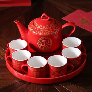 Traditional Red Ceramic Wedding Tea Set Creative Marriage Celebration Elderly Tea Cup Pot Wedding Gift for Parents
