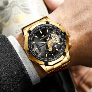 FNGEEN 001 Fashion Mens Quartz Watch Butterfly Double Buckle Waterproof Night Light Calendar Mens Quartz Watch