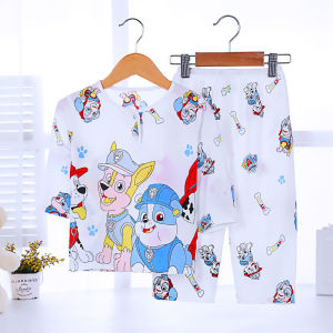 Summer Childrens Sleepwear Cotton Silk Thin Home Clothes Set for Boys And Girls Cartoon Home Clothes round Neck Long Sleeve