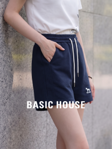 Basic House | Blue Embroidered Sporty Straight Leg High Waist Loose Shorts