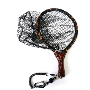 TAKEDO HM02 Curved Handle Ebony Wood Trout Landing Net Rubber Mesh Dip Nets With Lanyard Fly Fishing Net for Mackerel Bass Trout