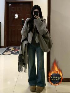 กางเกงยีนส์ทรงหลวมเอวสูงสไตล์ย้อนยุคสไตล์อเมริกัน กางเกงขายาวทรงหลวมขากว้างทรงหลวมสำหรับผู้หญิงในฤดูใบไม้ร่วงและฤดูหนาว กางเกงยีนส์ทรงหลวมขากว้าง