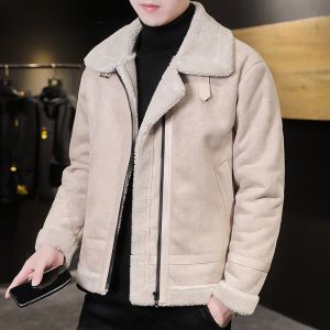 Hengyuanxiang Mens Thickened Fleece Lined Suede Jacket Stand Collar Zipper Closure Long Sleeve Short Style Fashionable Winter Coat