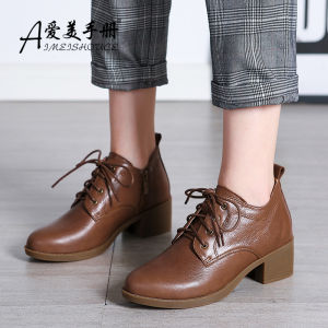 Leather Martin Boots Womens Low-Top Short Boots British Style Shoes Autumn Winter Booties Fleece Lined Medium Heel Large Size Brown Boot