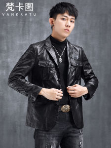 Haining เสื้อหนังแท้ชุดสูทหนังผู้ชายแจ็กเก็ตหนังแท้หนังแพะเสื้อสูทเข้ารูปตราสัญลักษณ์เสื้อโค้ทสุดเท่สุดเท่