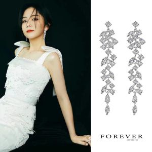 Elegant Long Dangle Earrings Silver Plated Gemstone Embedded Tassel Fashionable Versatile Bridal Slimming Womens Jewelry