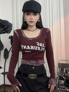 American vintage Gyaru Long sleeves Shirt Women Autumn 2024 New Slim fit Slimming Short Inner wear Bottoming Shirt Top