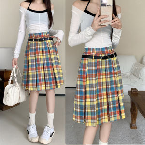 American Retro Colored Plaid Pleated Skirt Womens plus-Size Preppy Style High Waist A- line Skirt Gingham Mid Length Long Length Skirt
