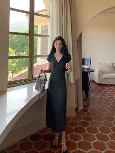 DENGLIULIU | Retro Lace V-Neck Gray Knit Dress