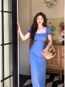 French Blue Plaid Square Collar Dress Summer Vacation White Elegant Dress Small Fairy Slimming Skirt