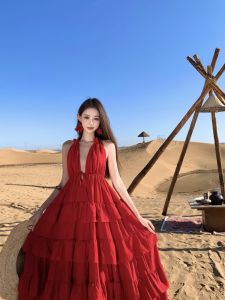 Pure Desire Long Neck Hanging Back Fairy Skirt Vacation Lace Trim Strapless Dress Ultra Long Ankle Length Sweet Style High Waist Chiffon Maxi Dress