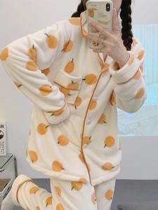 Thickened Coral Fleece Sleepwear Womens Winter Warm Flannel Home Clothes Set with Long Sleeve Placket for Casual Outfit